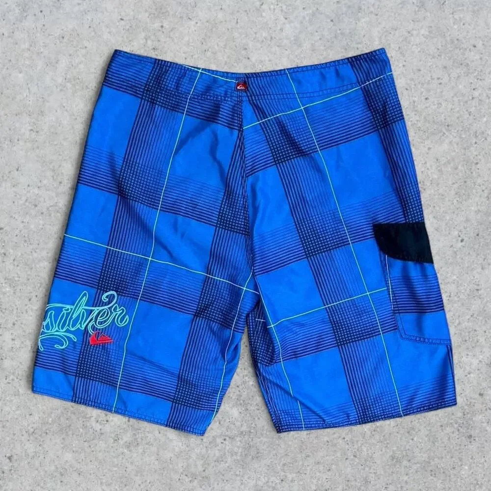 Vintage Quiksilver Plaid Spell Out Board Shorts Swim Trunks